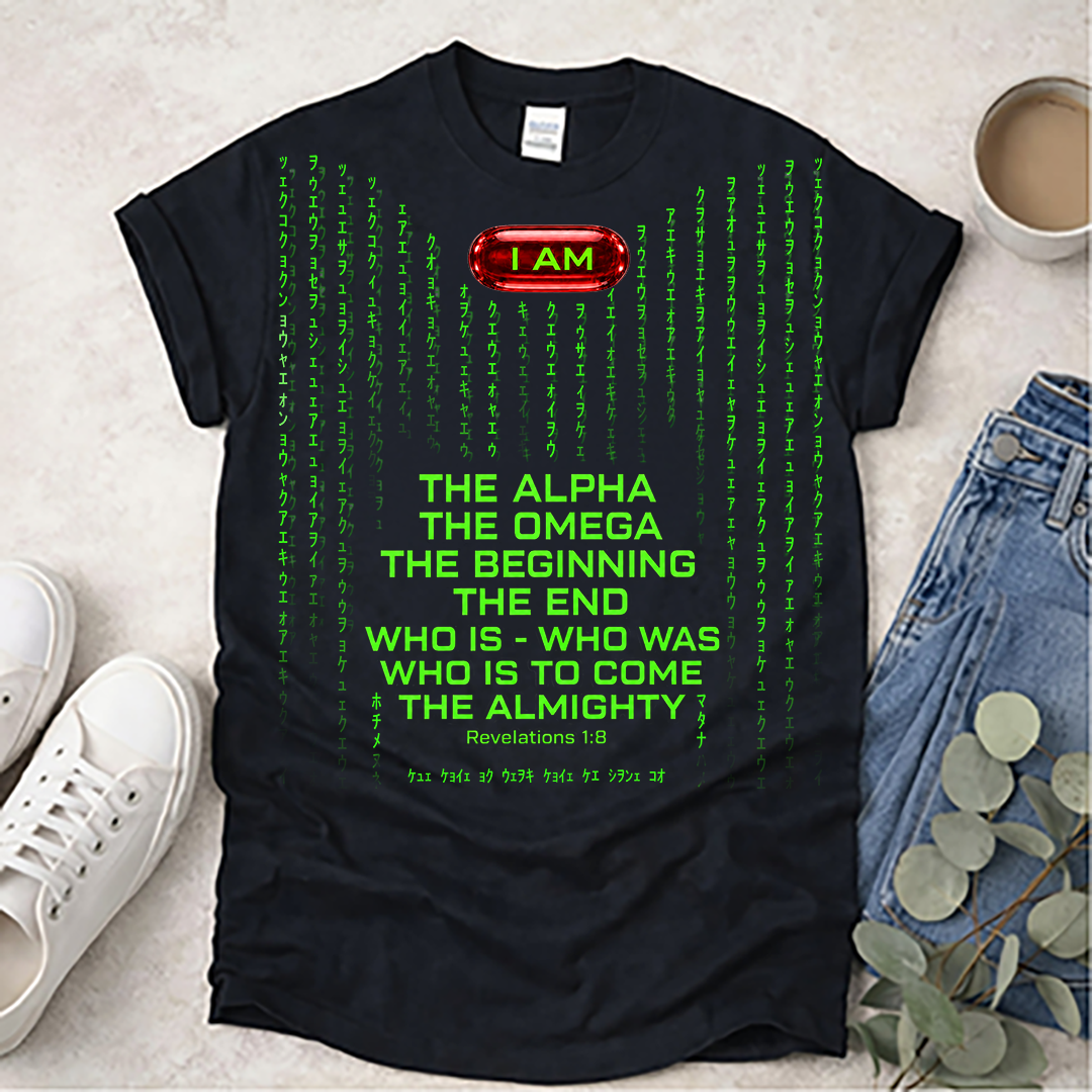 The I AM Alpha & Omega Matrix Digital Rain Tee