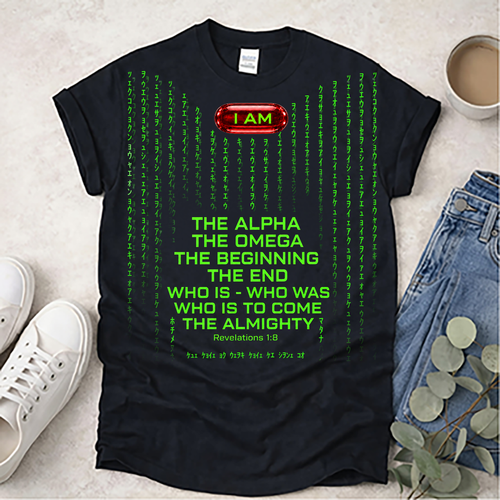 The I AM Alpha & Omega Matrix Digital Rain Tee