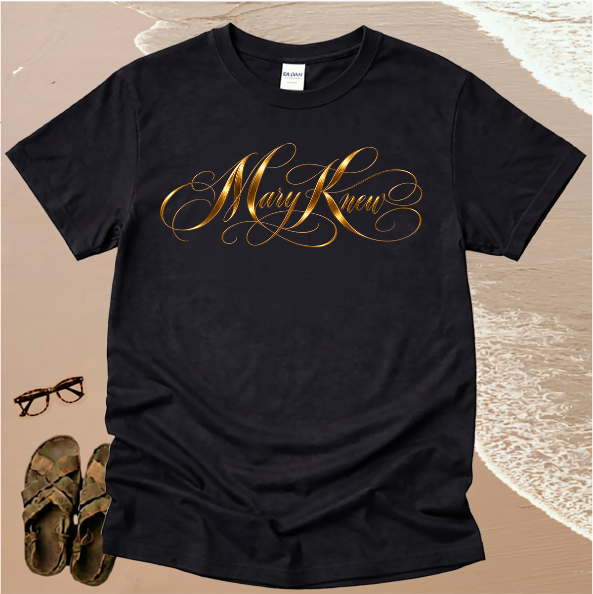 Gold Tone Calligraphy Mary Knew - Christian T-Shirt
