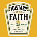 Christian apparel mustard seed design — close‑up of mustard plant illustration printed on a yellow tee.
