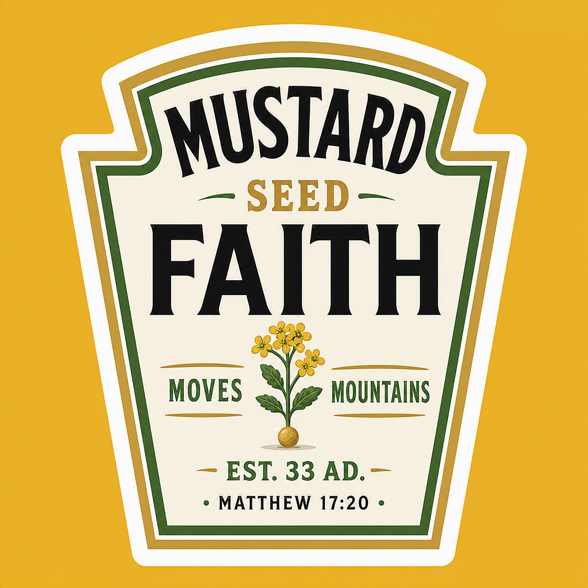 Christian apparel mustard seed design — close‑up of mustard plant illustration printed on a yellow tee.