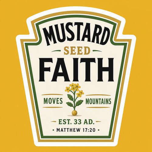 Christian apparel mustard seed design — close‑up of mustard plant illustration printed on a yellow tee.
